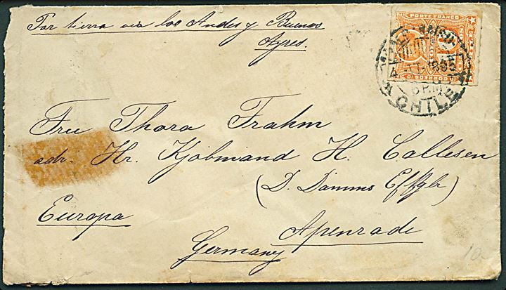 10 c. på brev fra Valparadiso 1895 til Apenrade, Tyskland. Påskrevet: Par ... via Los Andes y Buenos Ayres. Tape mærke.
