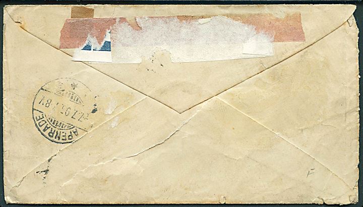 10 c. på brev fra Valparadiso 1895 til Apenrade, Tyskland. Påskrevet: Par ... via Los Andes y Buenos Ayres. Tape mærke.