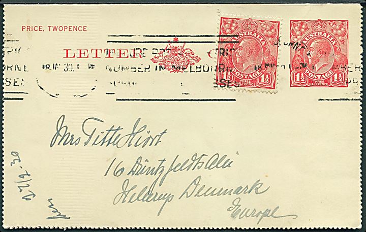 1½d George V helsags korrespondancekort opfrankeret med 1½d fra Melbourne d. 18.1.1930 til Hellerup, Danmark.