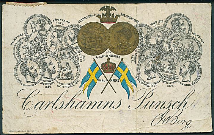 10 öre Gustaf på på flaske etiket fra Carlshamns Punsch benyttet som brevkort fra Malmö d. 30.8.1919 til Randers, Danmark. Mærket foldet.