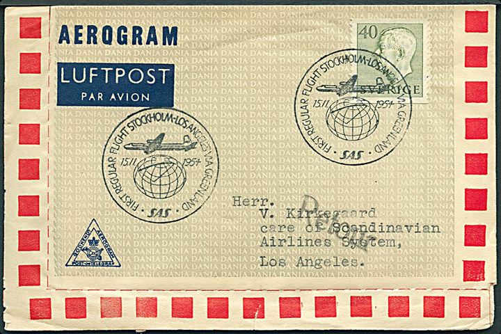 40 öre Gustaf på aerogram annulleret med særstempel First Regular Flight Stockholm-Los Angeles via Greenland / SAS d. 15.11.1954 til Los Angeles, USA.