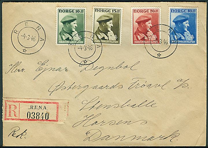 Komplet sæt Nationalhjælp på anbefalet brev fra Rena d. 4.3.1946 til Stensballe pr. Horsens, Danmark.