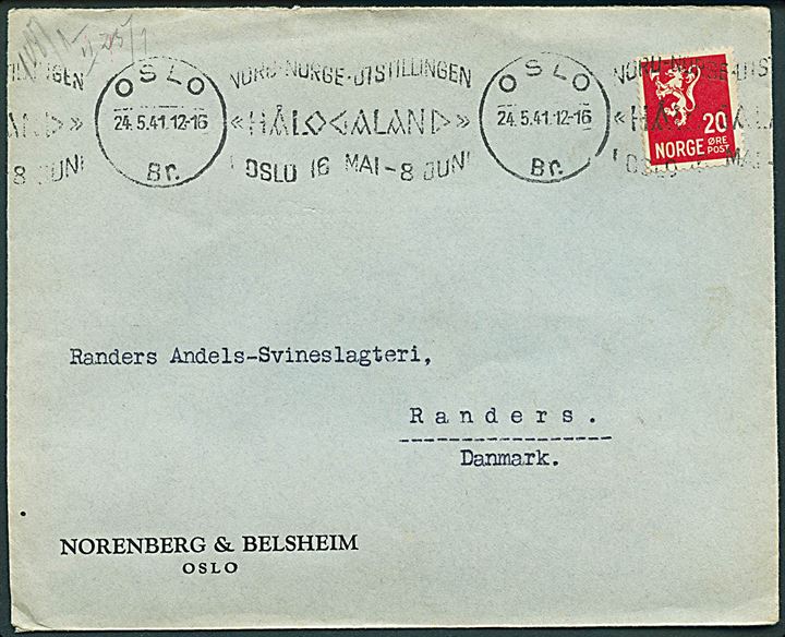20 øre Løve på brev fra Oslo d. 24.5.1941 til Randers, Danmark. Åbnet af tysk censur i Oslo og passér stemplet ved censuren i København.
