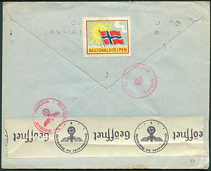 20 øre Løve på brev fra Oslo d. 24.5.1941 til Randers, Danmark. Åbnet af tysk censur i Oslo og passér stemplet ved censuren i København.