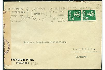 10 øre Løve i parstykke på brev fra Stavanger d. 13.12.1944 til Randers, Danmark. Åbnet af tysk censur i Oslo.
