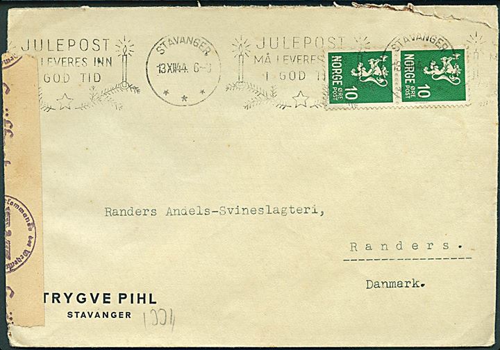 10 øre Løve i parstykke på brev fra Stavanger d. 13.12.1944 til Randers, Danmark. Åbnet af tysk censur i Oslo.