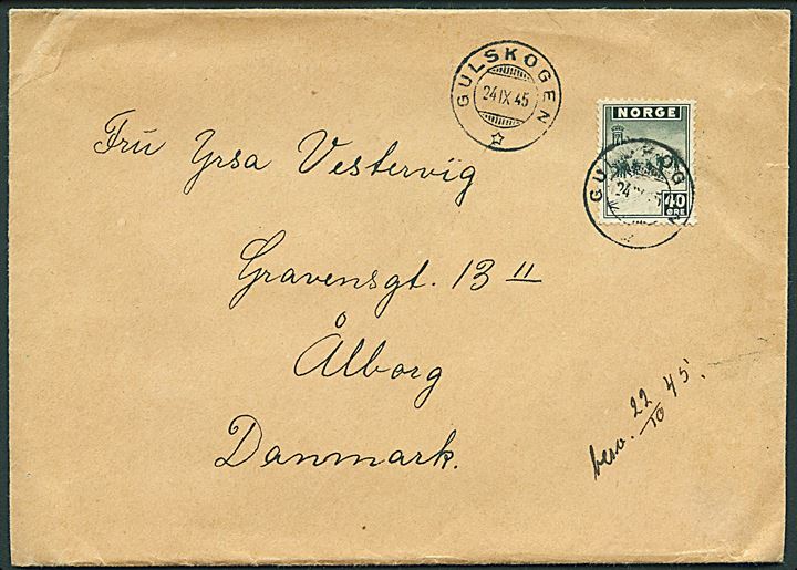 40 øre London udg. single på brev fra Gulskogen d. 24.9.1945 til Aalborg, Danmark.