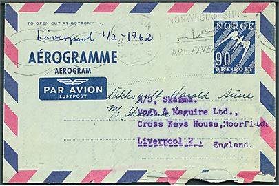 90 øre helsags aerogram fra Trondheim d. 22.1.1962 til sømand ombord på M/S Skaima i Liverpool, England.
