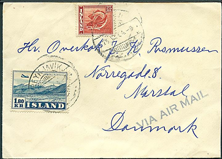 25 aur Torsk og 1,80 kr. Luftpost på luftpostbrev fra Reykjavik d. 25.8.1954 til Marstal, Danmark.