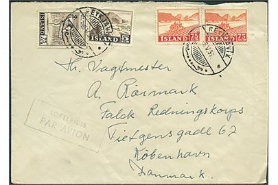 5 aur, 75 aur (2) Erhverv og 75 aur Sport på luftpostbrev fra Reykjavik d. 8.5.1956 til København, Danmark.