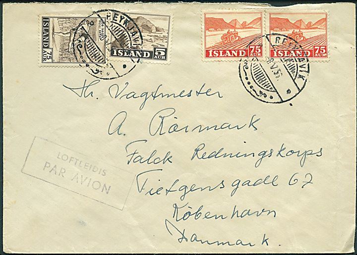 5 aur, 75 aur (2) Erhverv og 75 aur Sport på luftpostbrev fra Reykjavik d. 8.5.1956 til København, Danmark.