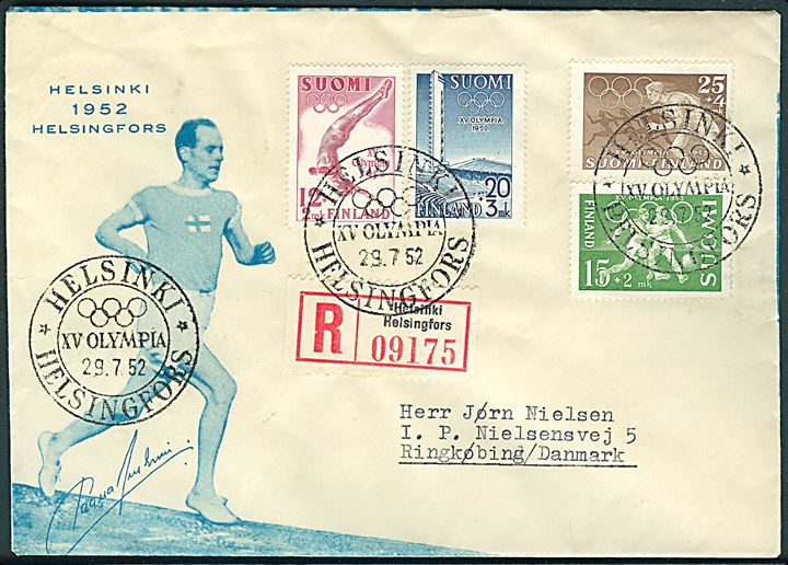 Olympiade udg. på illustreret kuvert sendt anbefalet med særstempel Helsinki XV Olympia d. 29.7.1952 til Ringkøbing, Danmark. 