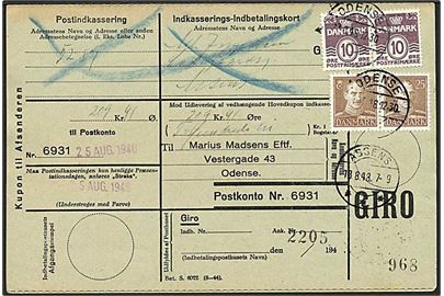 10 øre Bølgelinie og 25 øre Chr. X i parstykker på 70 øre frankeret retur indkasserings-indbetalingskort fra Odense d. 13.8.1948 til Assens.