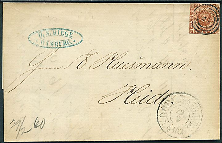 4 sk. 1858 udg. tæt klippet på brev annulleret med nr.stempel 2 og sidestemplet antiqua K.D.O.P.A. Hamburg d. 29.2.1860 (Skuddag) til Heide.