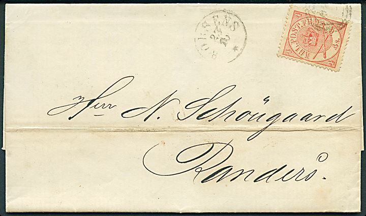 4 sk. Krone/Scepter på brev annulleret med svagt nr.stempel og sidestemplet antiqua Horsens d. 23.10.1867 til Randers. 