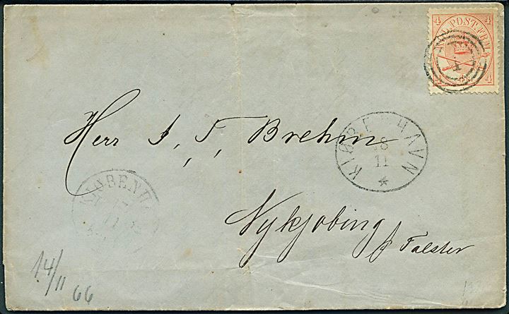 4 sk. Krone/Scepter på brev annulleret med nr.stempel 1 og sidestemplet antiqua Kiøbenhavn d. d. 17.11.1866 og ovalt overnatningsstempel Kiøbenhavn d. 18.11.1866 til Nykjøbing Falster.