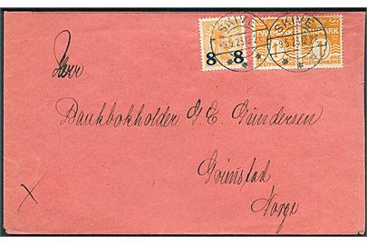 1 øre Bølgelinie i parstykke og 8/7 øre Provisorium på tryksag fra Skive d. 9.5.1923 til Grimstad, Norge. Kuvert afkortet i toppenb.