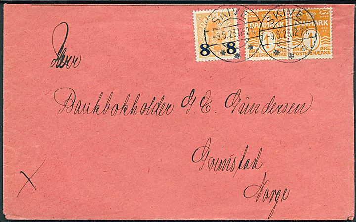 1 øre Bølgelinie i parstykke og 8/7 øre Provisorium på tryksag fra Skive d. 9.5.1923 til Grimstad, Norge. Kuvert afkortet i toppenb.