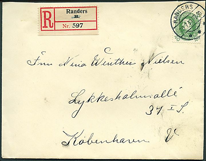40 øre Chr. X 60 år single på anbefalet brev fra Randers d. 20.7.1931 til København.