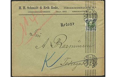 5 øre Fr. VIII single på lokalbrev i Kjøbenhavn d. 6.7.1908. Retur med liniestempel Retour og på bagsiden Ubekjendt efter Adressen N. Distr. Nr.