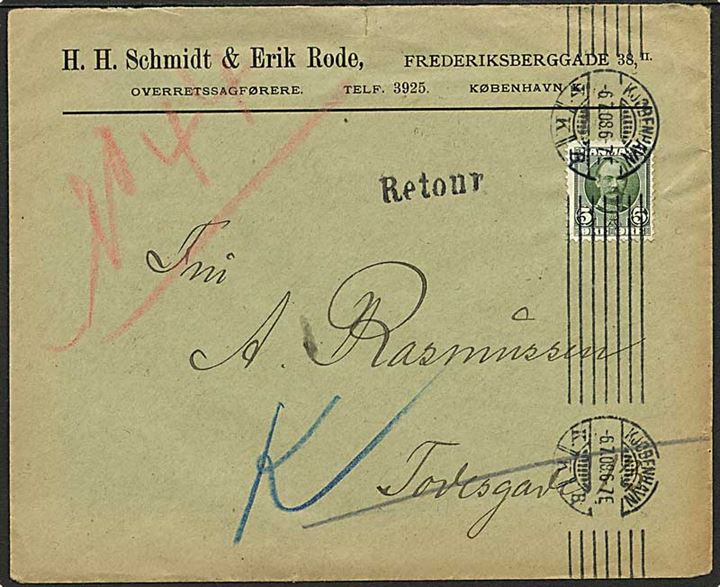 5 øre Fr. VIII single på lokalbrev i Kjøbenhavn d. 6.7.1908. Retur med liniestempel Retour og på bagsiden Ubekjendt efter Adressen N. Distr. Nr.