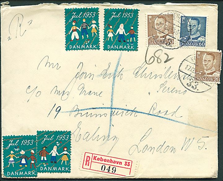20 øre (2) og 60 øre Fr. IX, samt Julemærke 1953, på anbefalet brev fra København d. 17.12.1953 til London, England. Et mærke yderligt placeret.