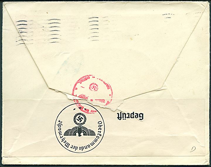 20 øre Karavel (2) på brev fra Lyngby d. 22.2.1941 til Hollywood, USA. Åbnet af tysk censur i Berlin.