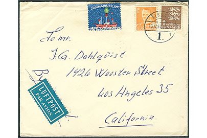 80 øre Fr. IX og 1 kr. Rigsvåben på luftpostbrev med Julemærke 1957 fra Ålborg d. 13.12.1957 til Los Angeles, USA.