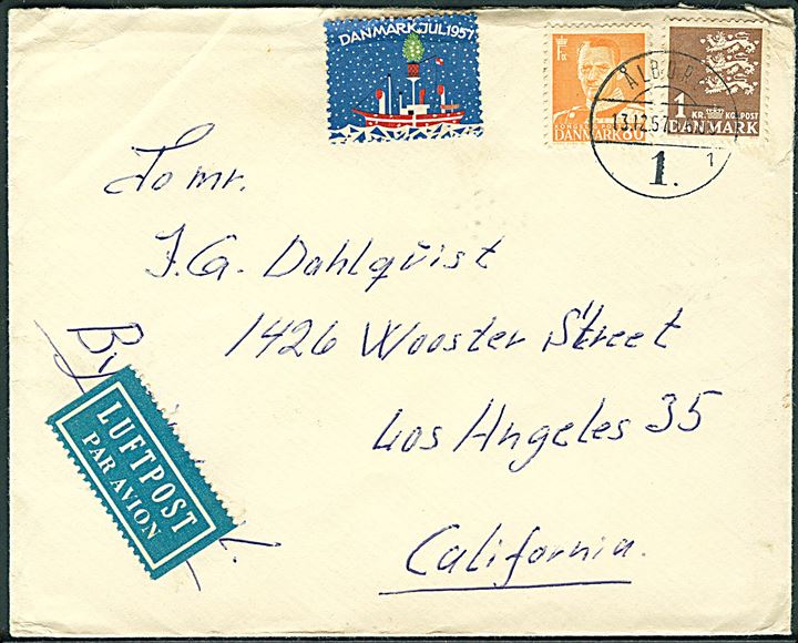 80 øre Fr. IX og 1 kr. Rigsvåben på luftpostbrev med Julemærke 1957 fra Ålborg d. 13.12.1957 til Los Angeles, USA.