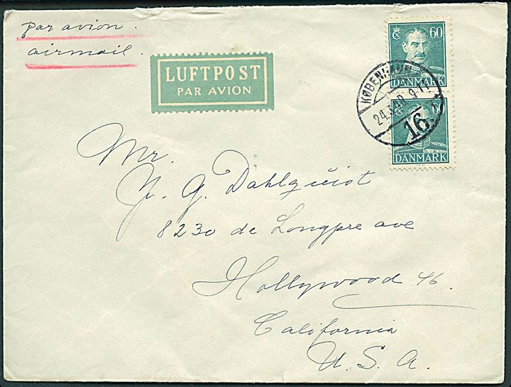 60 øre Chr. X i parstykke på luftpostbrev fra København d. 24.3.1948 til Hollywood, USA.