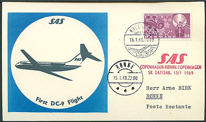 35 øre Tivoli på SAS 1.-flyvningskuvert fra København Lufthavn d. 15.1.1969 til Rønne på Bornholm.