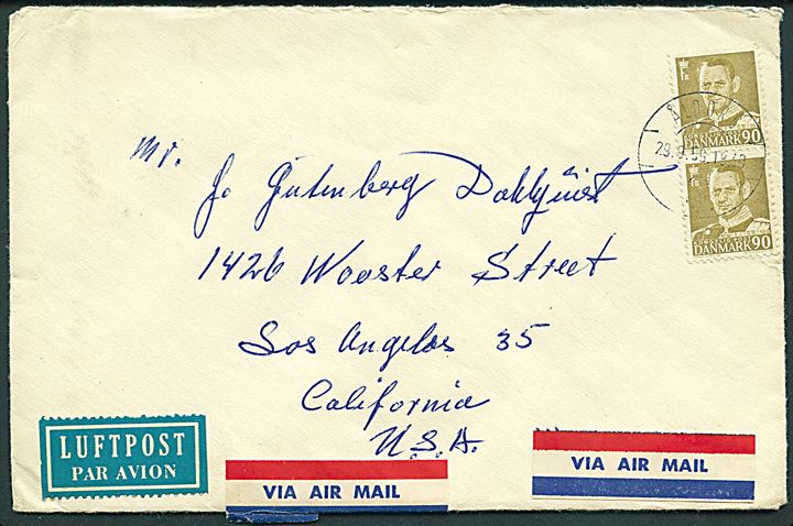 90 øre Fr. IX i lodret parstykke på luftpostbrev fra Ålborg d. 29.9.1959 til Los Angeles, USA.
