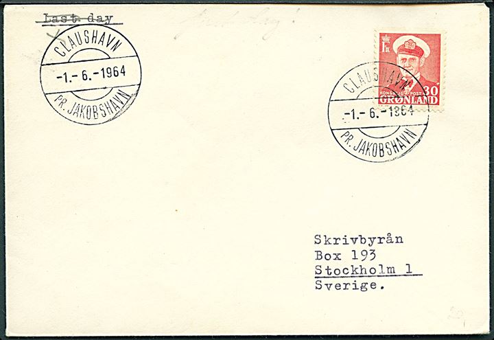 30 øre Fr. IX single på filatelistisk brev annulleret med pr.-stempel Claushavn pr. Jakobshavn d. 1.6.1964 til Stockholm, Sverige.
