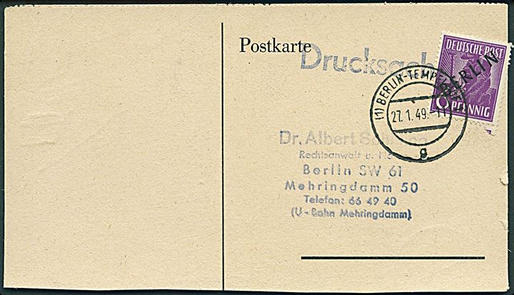 6 pfg. sort Berlin Provisorium på lokal tryksag i Berlin d. 27.1.1949. Beklippet.