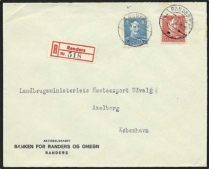 20 øre og 40 øre Chr. X på anbefalet brev fra Randers d. 14.8.1948 til København.