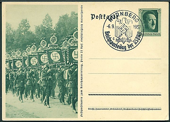 6 pfg. illustreret uadresseret helsagsbrevkort med særstempel Nürnberg Reichsparteitag der NSDAP d. 6.9.1937. 