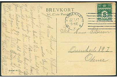 5 øre Bølgelinie på brevkort (København Centralbanegården) annulleret med forsøgs-maskinstempel Kjøbenhavn KKB d. 22.8.1912 til Odense.