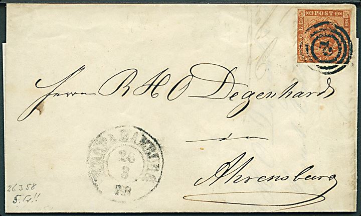 4 sk. 1854 udg. 5. tryk på brev annulleret med nr.stempel 2 og sidestemplet K.D.O.P.A. Hamburg d. 26.3.1858 til Ahrensburg.