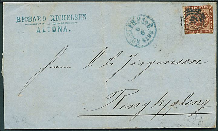 4 sk. 1858 udg. på brev fra Altona annulleret med svagt nr.stempel 169 og sidestemplet Holst.P.B.Sp.B. d. 6.6.1863 via Haderslev til Ringkjøbing.