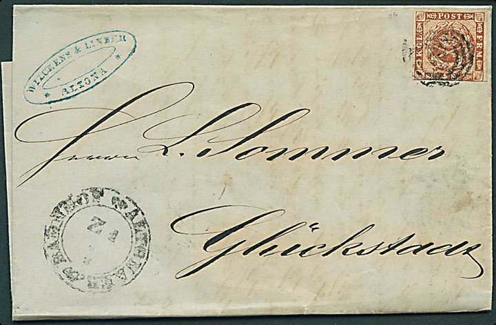 4 sk. 1858 udg. på brev fra Altona annulleret med svagt nr.stempel 113 og sidestemplet Altonaer Bahnhof d. 8.3.1861 via Elmsh.-Itzeh.Ebn.Post Bur. til Glückstadt.