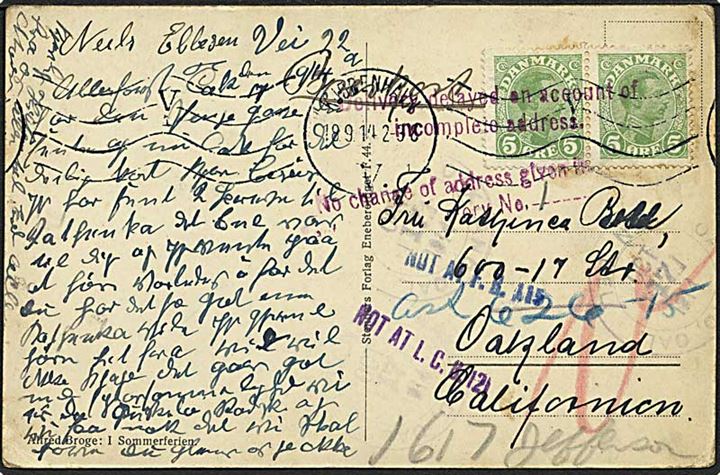 5 øre Chr. X i parstykke på brevkort fra Kjøbenhavn d. 18.9.1914 til Oakland, USA. Utilstrækkelig adresse med flere forskellige amerikanske stempler.