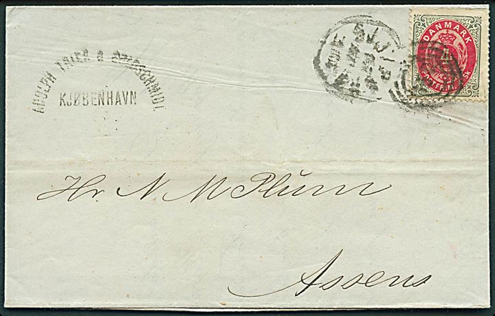 4 sk. Tofarvet på brev fra Kjøbenhavn annulleret med svagt kombineret nr.stempel 181/SJ.JB.P.SP.B. d. 18.10.1874 til Assens.