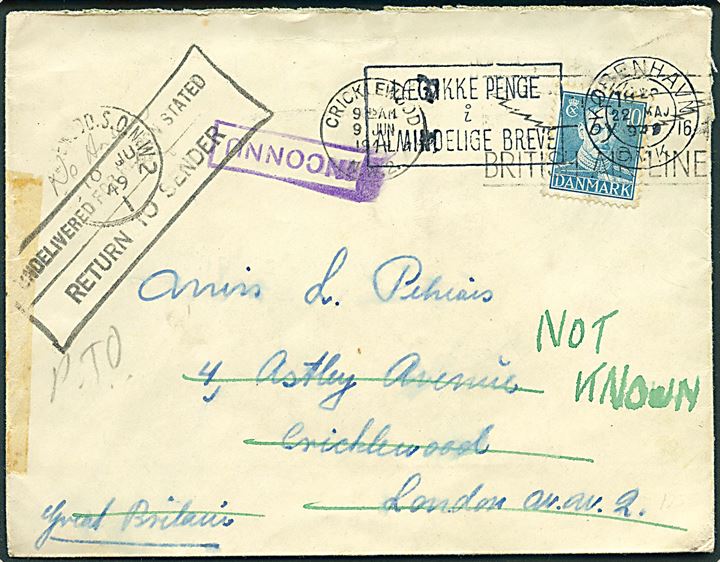 40 øre Chr. X på brev fra København d. 22.5.1949 til London, England. Retur som ubekendt med flere stempler.