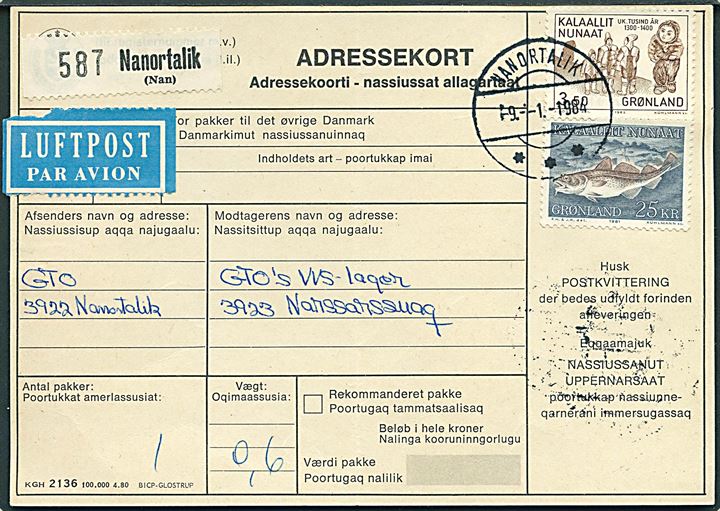 3,50 kr. 1000 års udg. III og 25 øre Torsk på adressekort for indenrigs luftpostpakke fra Nanortalik d. 9.1.1984 til Narsarssuaq.
