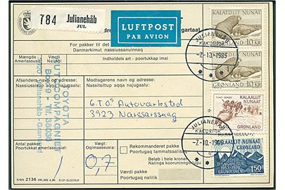 1,50 kr. Grundlov, 5 kr. Tunit-Dorset kultur og 10 kr. Hvalros (par) på adressekort for indenrigs luftpost pakke fra Julianehåb d. 7.10.1983 til Narsarssuaq.