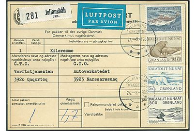3 kr. Træsnit, 5 kr. Isbjørn, 10 kr. Hvalros og 25 kr. Torsk på adressekort for indenrigs luftpostpakke fra Julianehåb d. 24.8.1983 til Narsarssuaq.