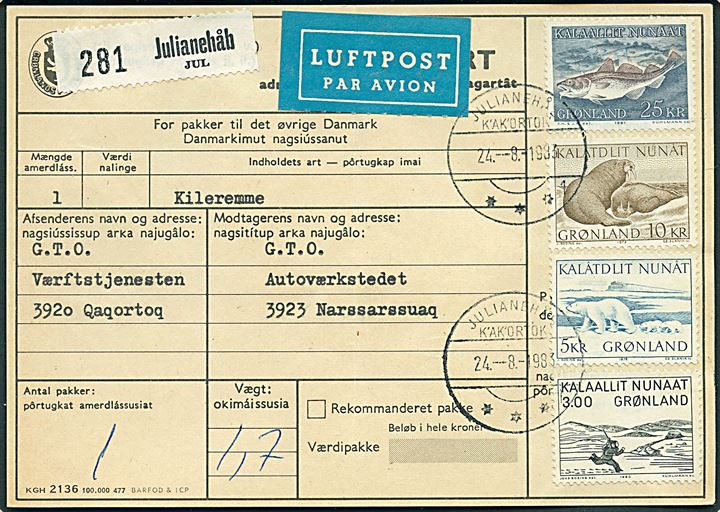 3 kr. Træsnit, 5 kr. Isbjørn, 10 kr. Hvalros og 25 kr. Torsk på adressekort for indenrigs luftpostpakke fra Julianehåb d. 24.8.1983 til Narsarssuaq.