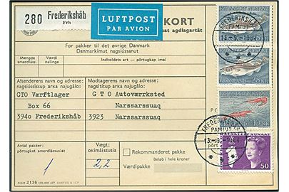 50 øre Margrethe, 10 kr. Rejer og 25 kr. Torsk (par) på adressekort for indenrigs luftpostpakke fra Frederikshåb d. 13.9.1984 til Narsarssuaq.