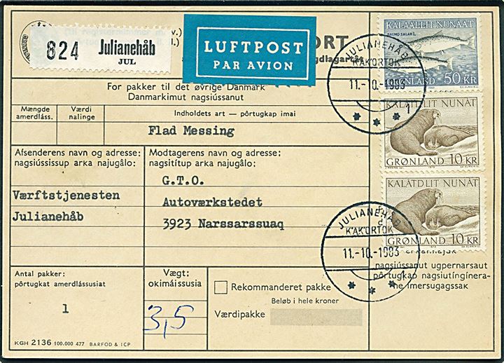 10 kr. Hvalrossen (2) og 50 kr. Skællaks på adressekort for luftpostpakke fra Julianehåb d. 11.10.1983 til Narsarssuaq.