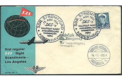 30 øre Fr. IX på illustreret SAS 1.-flyvningskuvert fra Sdr. Strømfjord d. 15.11.1954 til Grønlands Postkontor i København tilæ København.